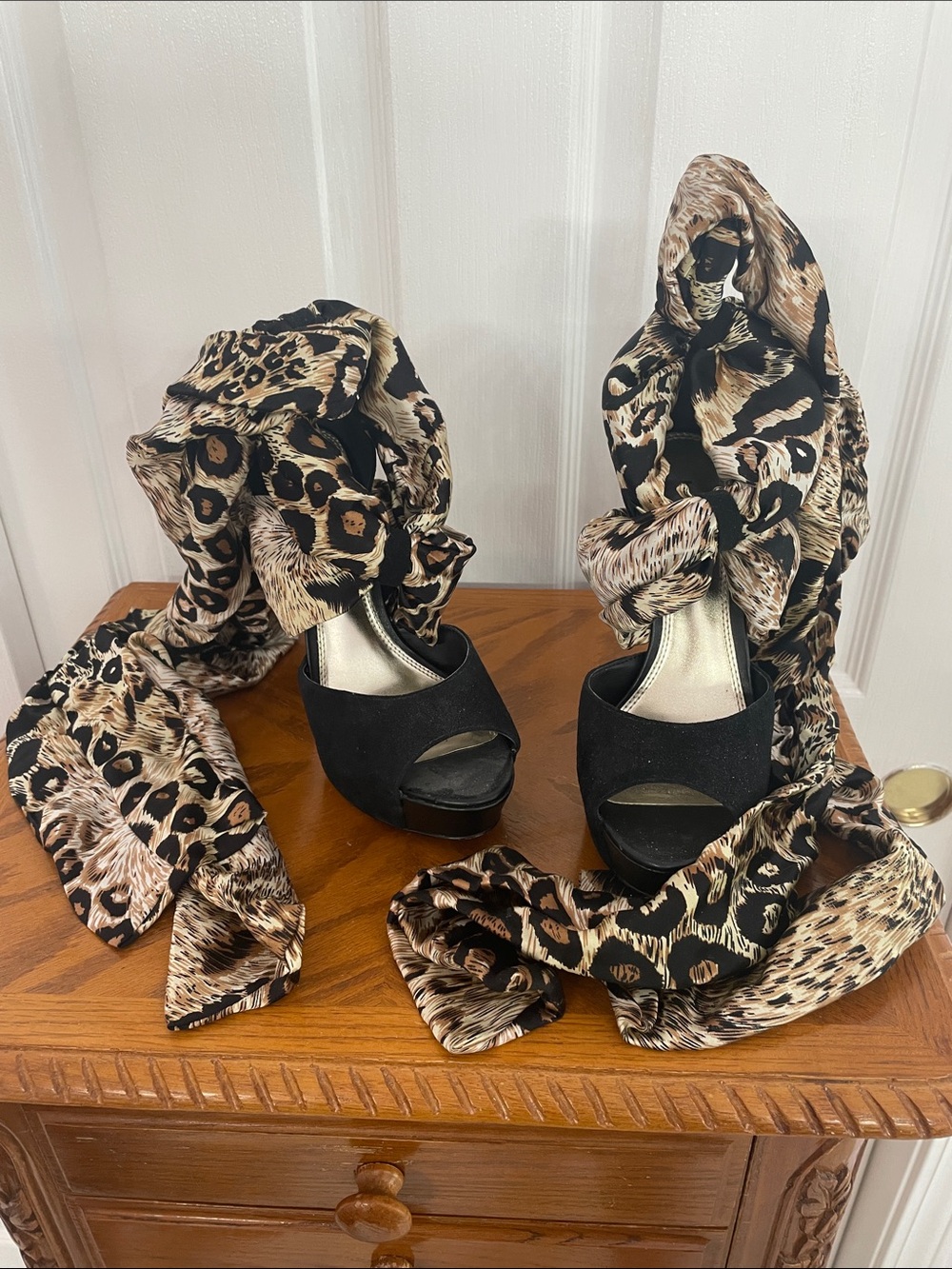 bebe Black Platform Peep-Toe Heels with Leopard Wraps